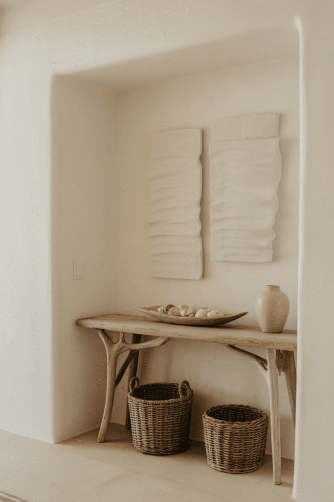 Organic modern beach house entryway with driftwood console, seashell bowl, and woven storage baskets.