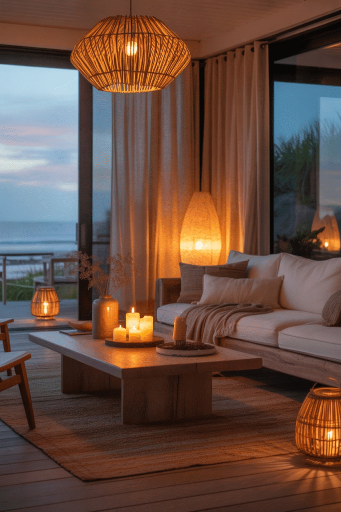 Organic modern beach house living room with soft candlelight, lanterns, and warm rattan lighting.