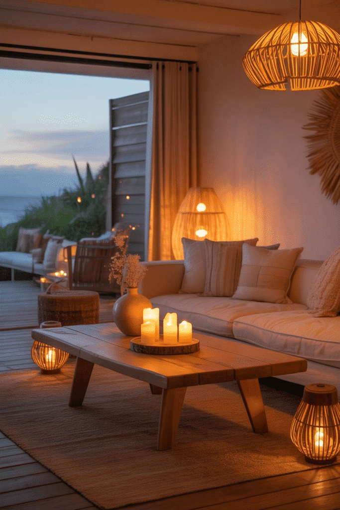 Organic modern beach house living room with soft candlelight, lanterns, and warm rattan lighting.