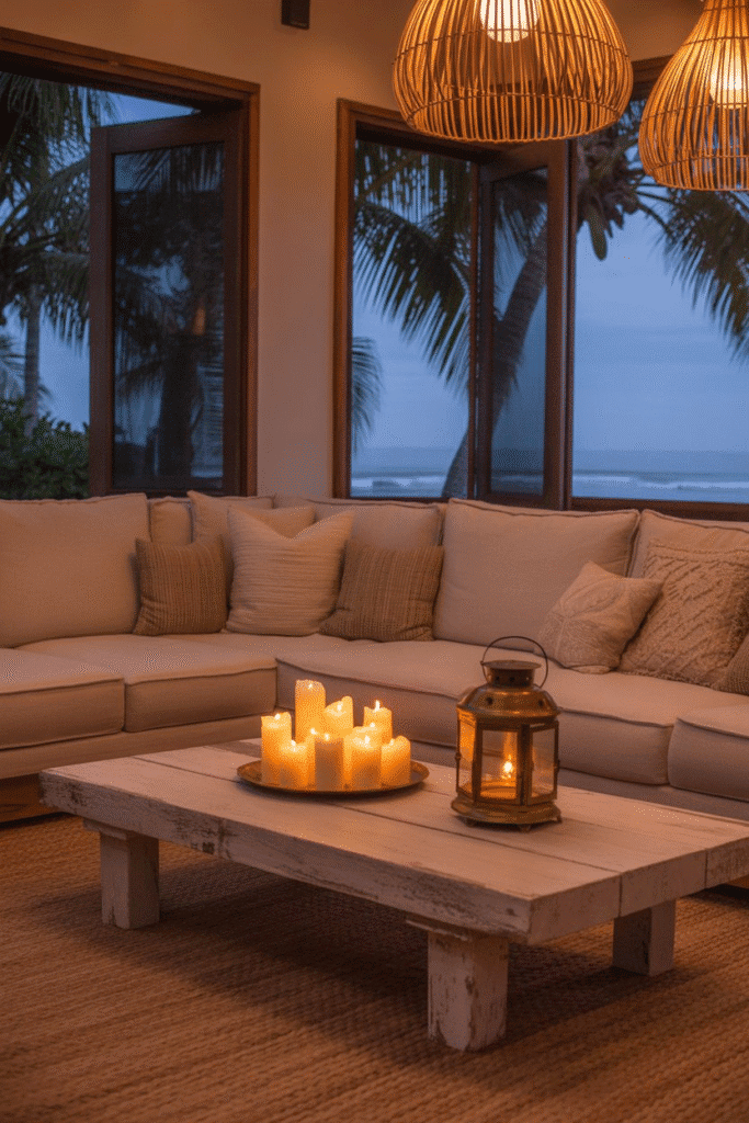 Organic modern beach house living room with soft candlelight, lanterns, and warm rattan lighting.