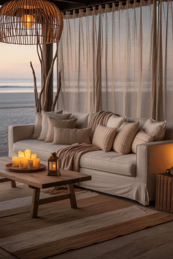Organic modern beach house living room with soft candlelight, lanterns, and warm rattan lighting.