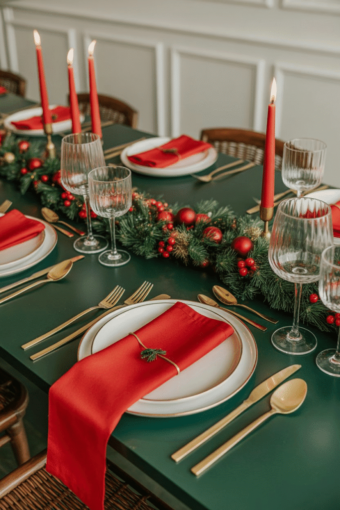 Classic Christmas dinner table setting with red and green décor and gold accents.