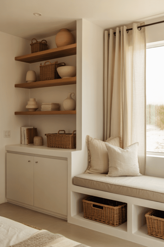 Organic modern beach house with built-in storage cabinets, floating shelves, and woven baskets.