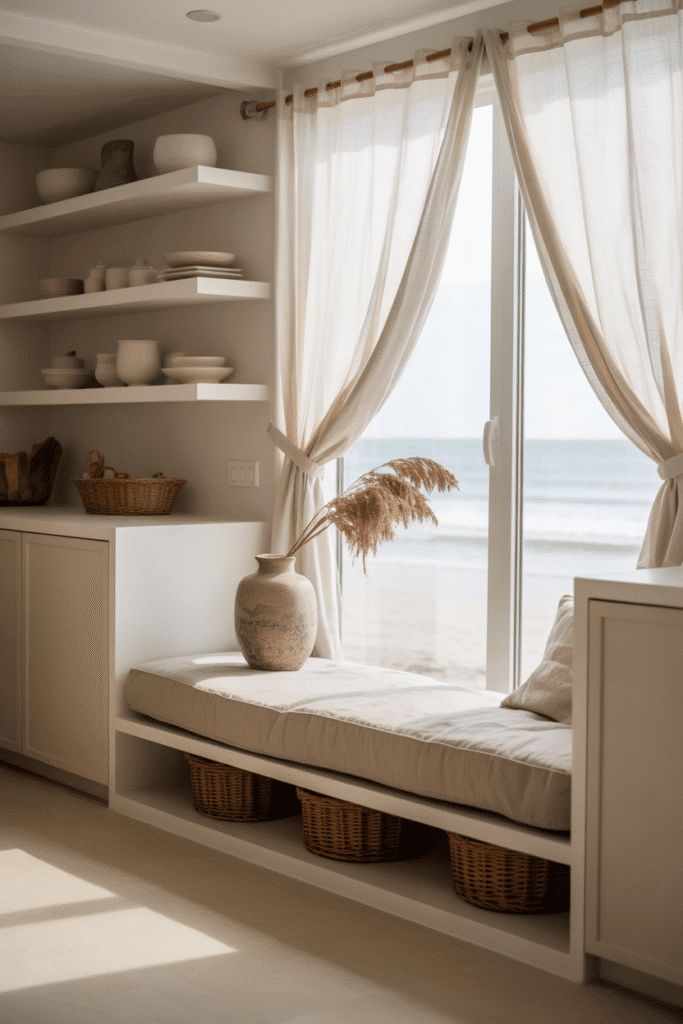 Organic modern beach house with built-in storage cabinets, floating shelves, and woven baskets.