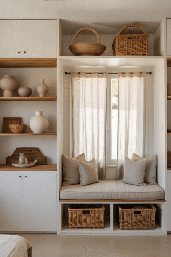 Organic modern beach house with built-in storage cabinets, floating shelves, and woven baskets.