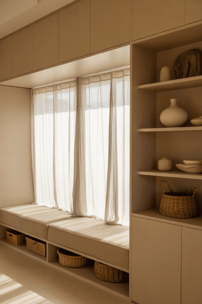 Organic modern beach house with built-in storage cabinets, floating shelves, and woven baskets.