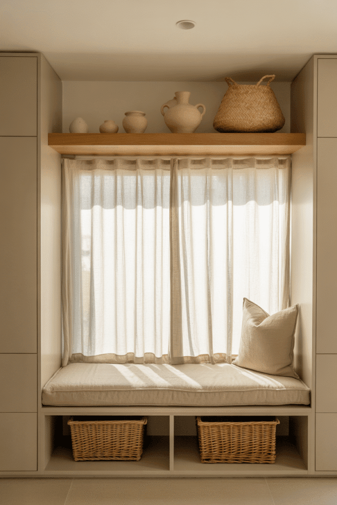 Organic modern beach house with built-in storage cabinets, floating shelves, and woven baskets.