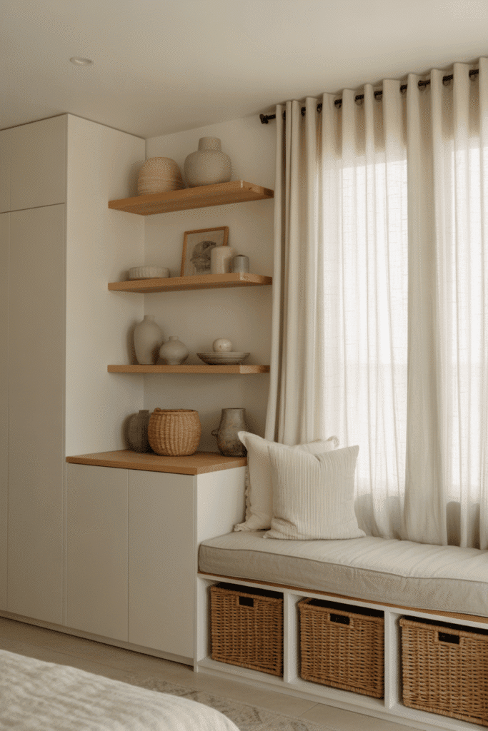 Organic modern beach house with built-in storage cabinets, floating shelves, and woven baskets.