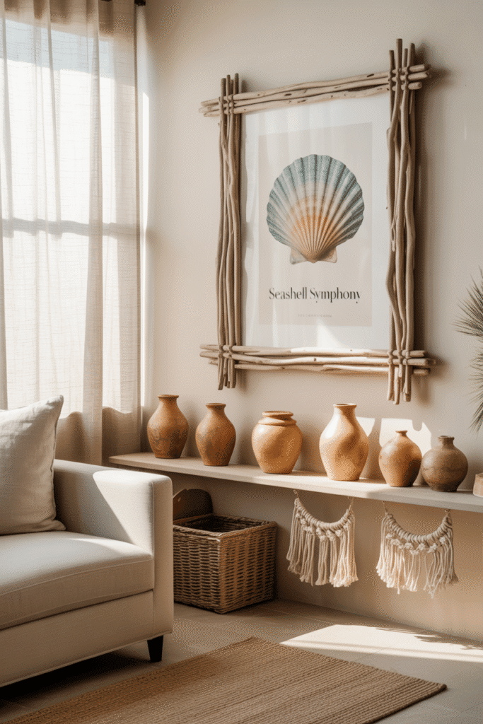 As a part of organic modern beach house this picture shows DIY organic modern beach house decor with driftwood frame, clay pots, and macrame wall art.