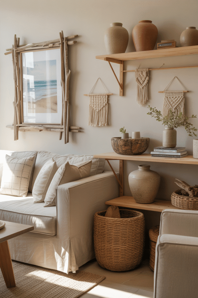 DIY organic modern beach house decor with driftwood frame, clay pots, and macrame wall art.