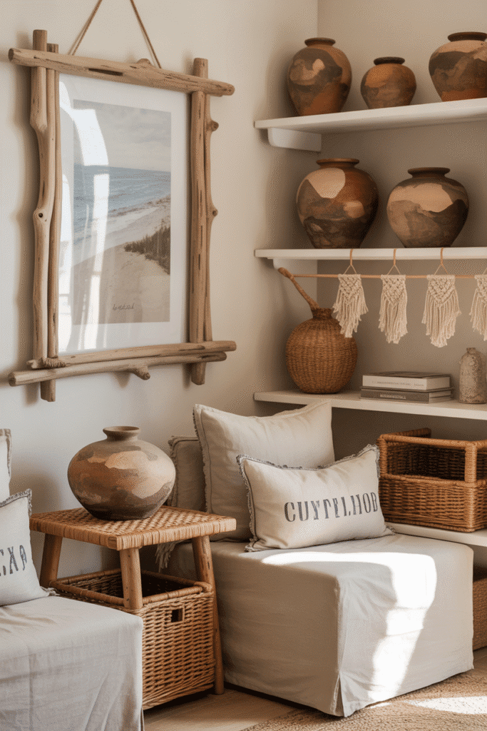 DIY organic modern beach house decor with driftwood frame, clay pots, and macrame wall art.