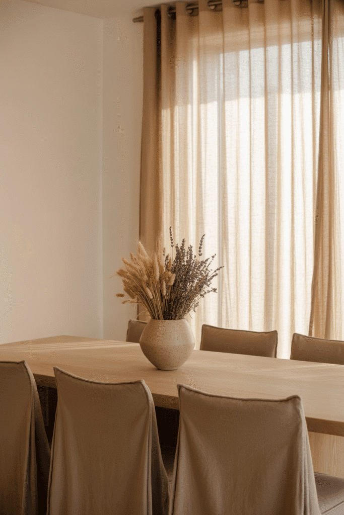 As a part of organic modern dining room this picture shows an organic modern dining room in neutral tones with oak table, beige chairs, and off-white walls.