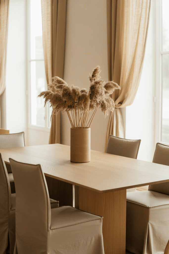 Organic modern dining room in neutral tones with oak table, beige chairs, and off-white walls.