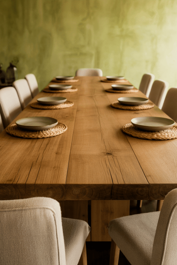 Reclaimed oak dining table with linen chairs in an organic modern dining room.