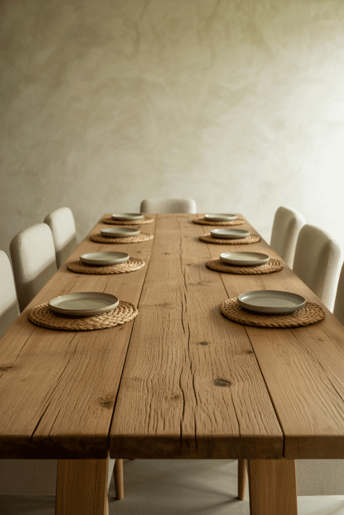 Reclaimed oak dining table with linen chairs in an organic modern dining room.