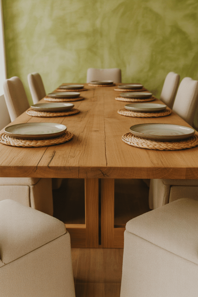 Reclaimed oak dining table with linen chairs in an organic modern dining room.