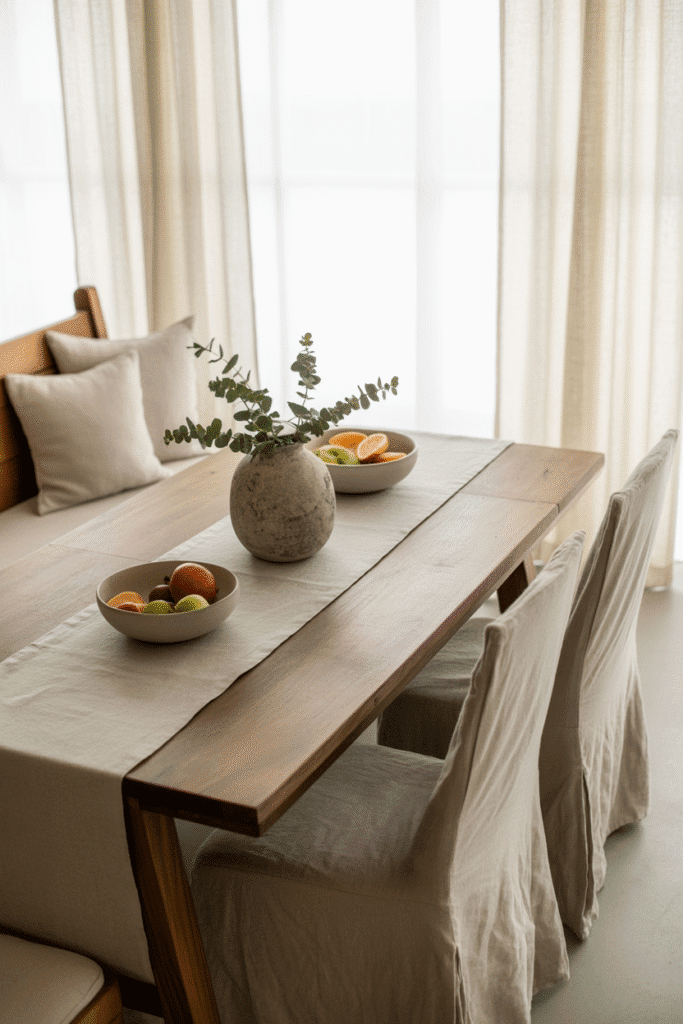 Organic modern dining chairs with linen slipcovers and cotton bench cushions.