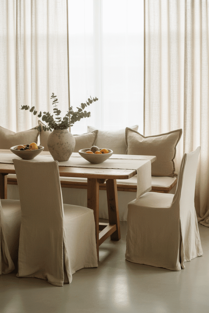 Organic modern dining chairs with linen slipcovers and cotton bench cushions.