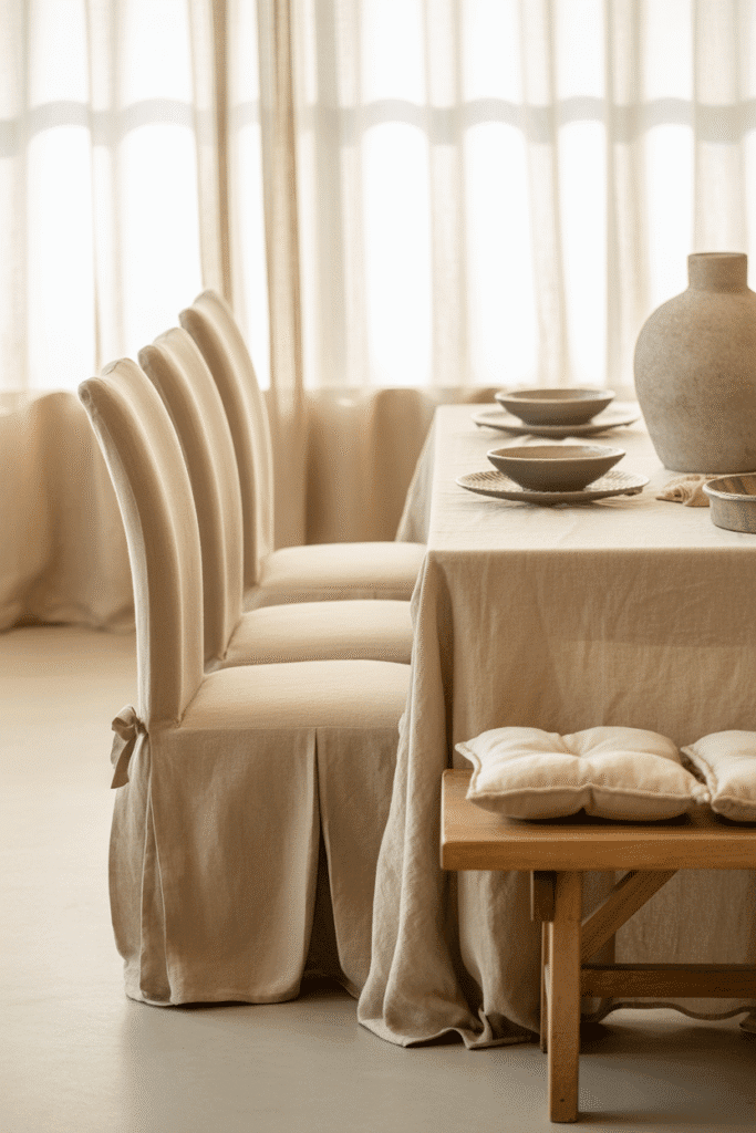 Organic modern dining chairs with linen slipcovers and cotton bench cushions.