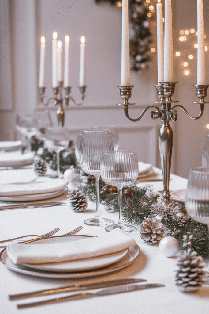 Elegant white Christmas dinner table setting with silver accents and snowy pinecones.