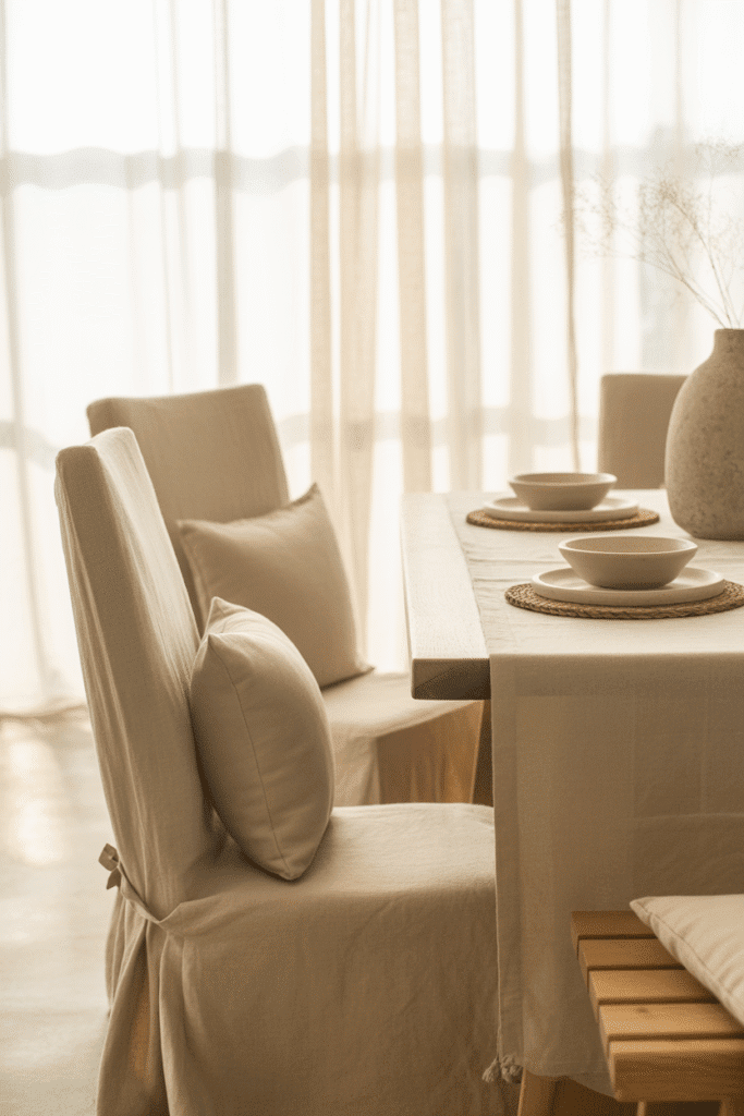 Organic modern dining chairs with linen slipcovers and cotton bench cushions.