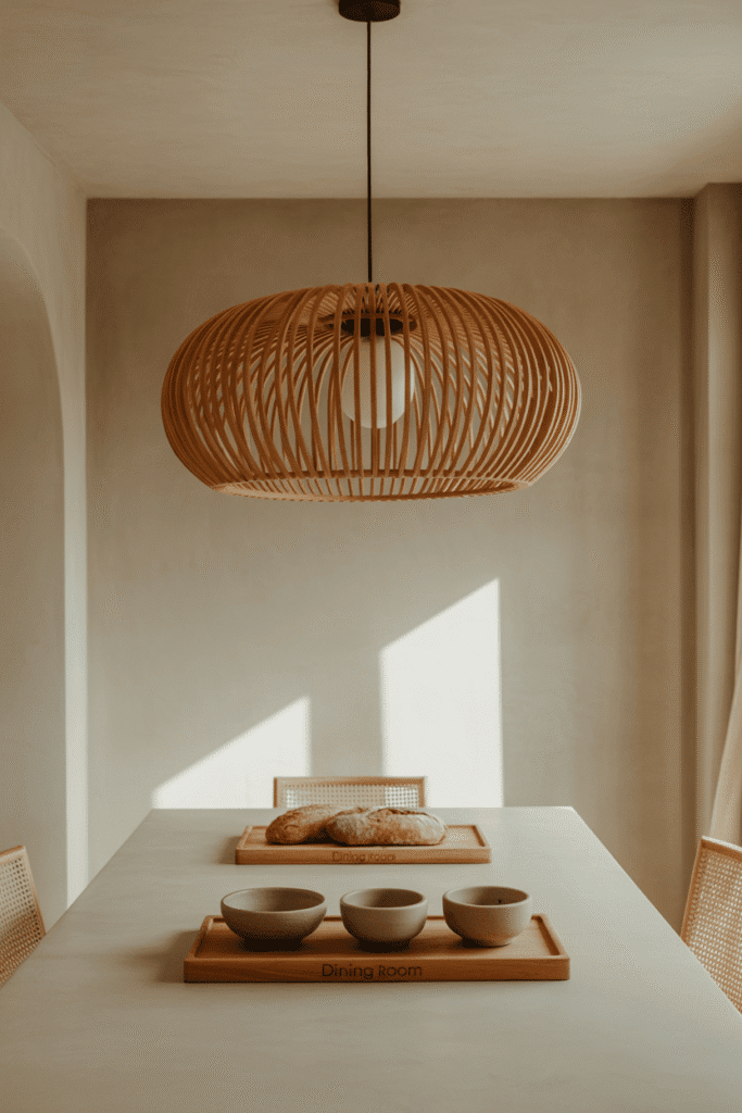 Organic modern dining room with rattan pendant light over wooden table.