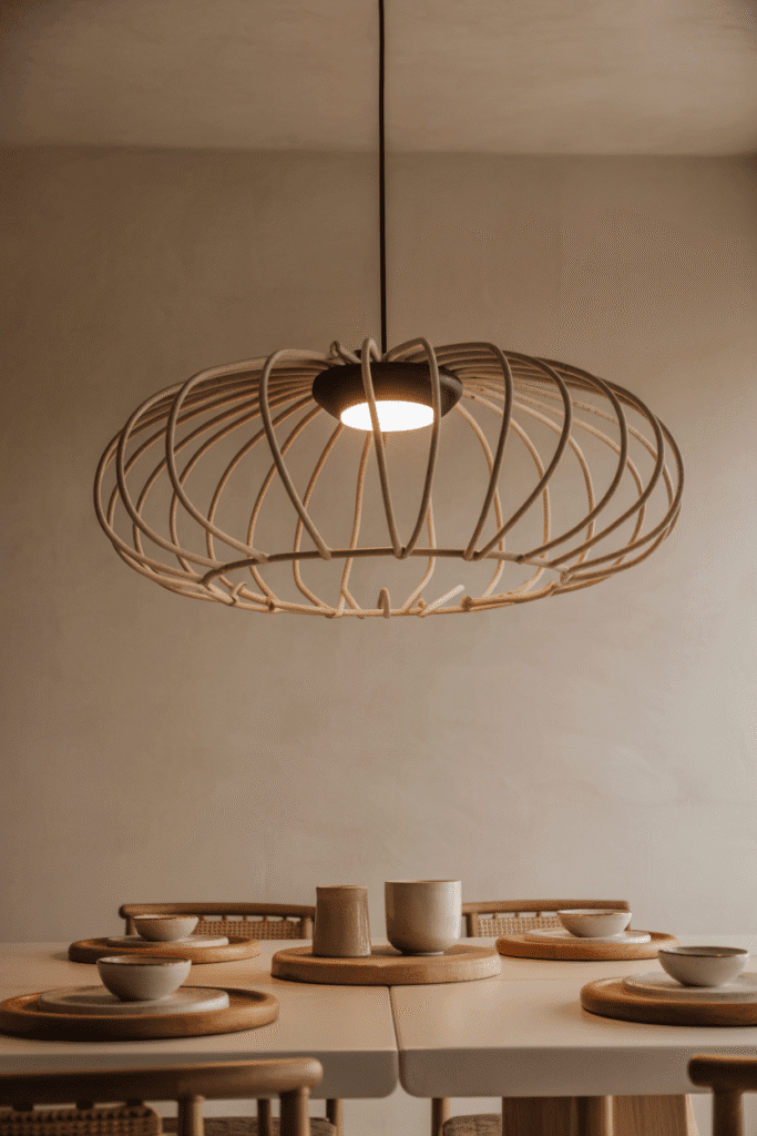 Organic modern dining room with rattan pendant light over wooden table.