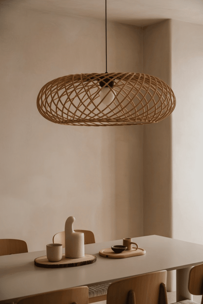 Organic modern dining room with rattan pendant light over wooden table.