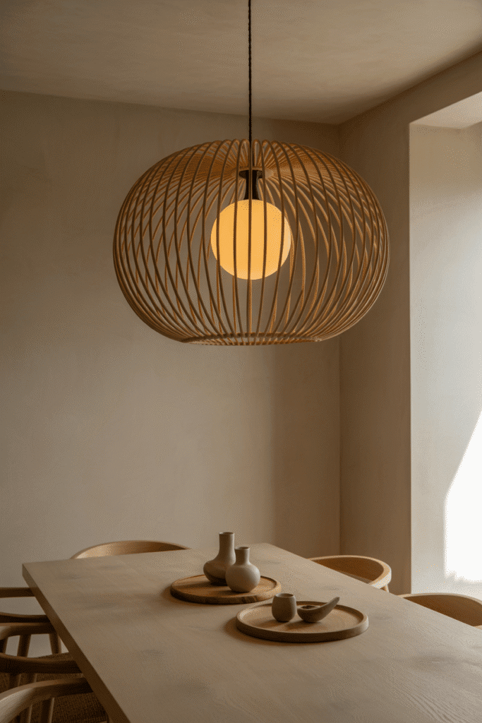 Organic modern dining room with rattan pendant light over wooden table.