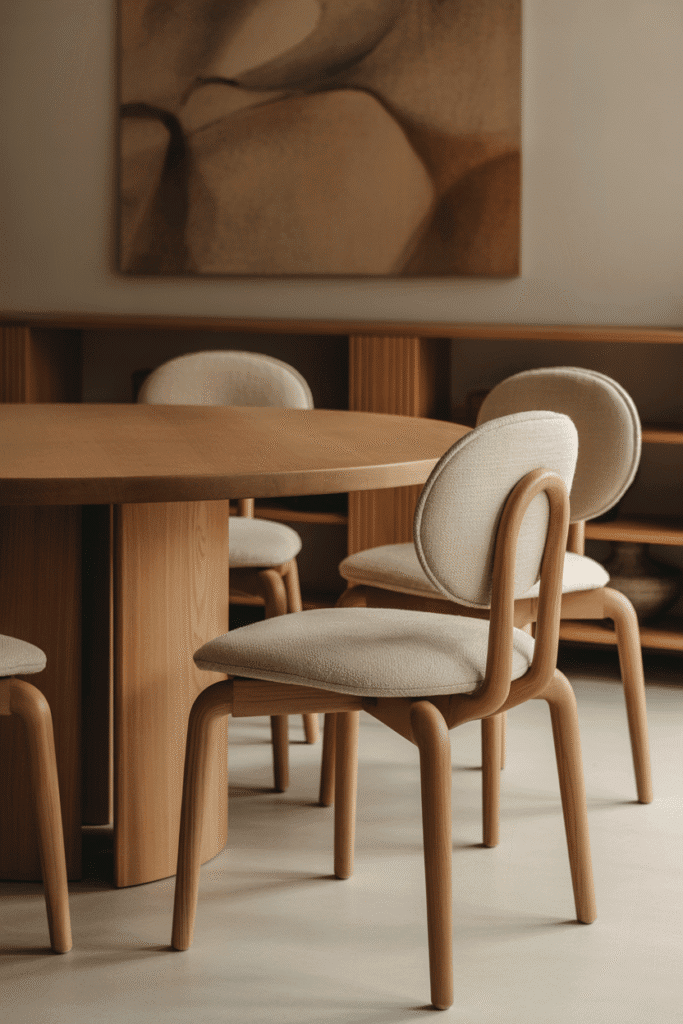 Round wooden dining table with curved-back chairs in organic modern dining room.