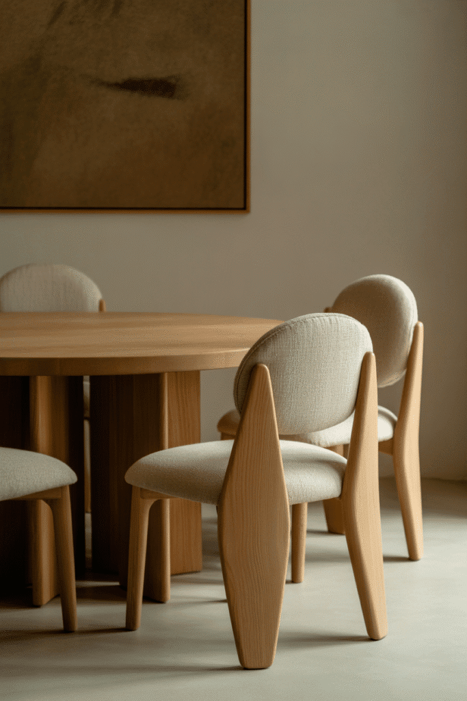 Round wooden dining table with curved-back chairs in organic modern dining room.