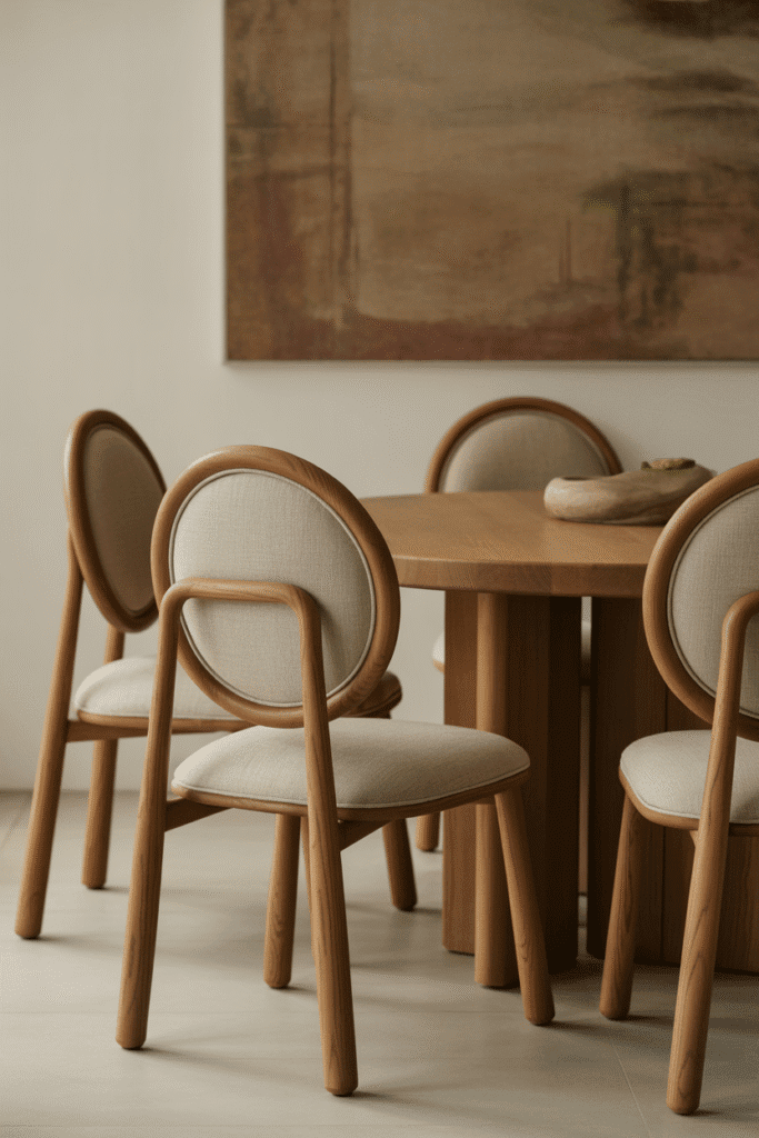 Round wooden dining table with curved-back chairs in organic modern dining room.