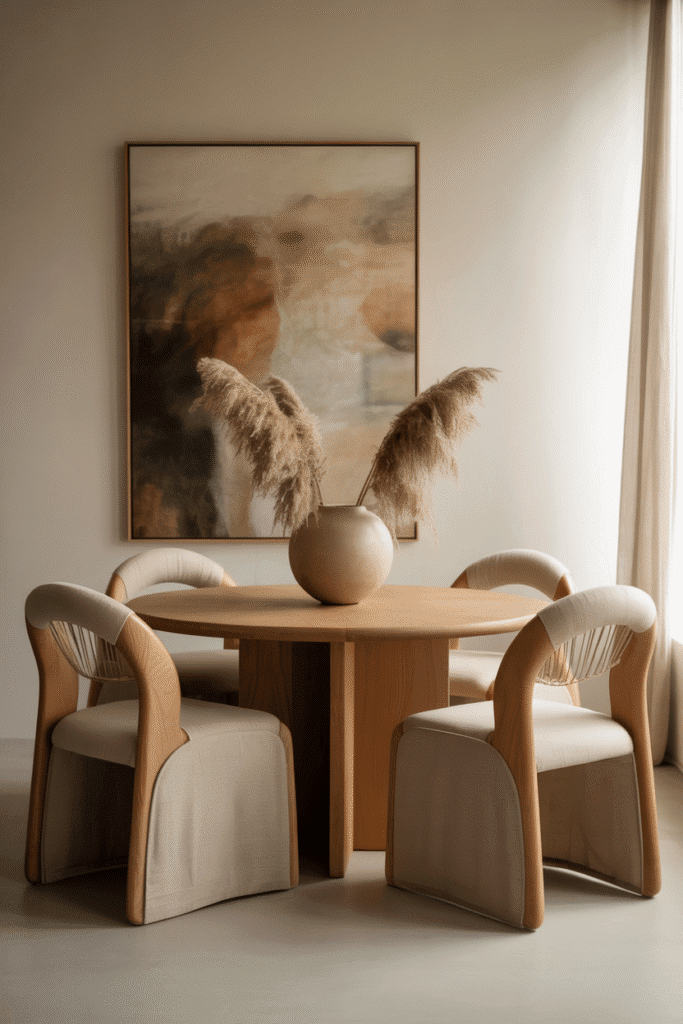 Round wooden dining table with curved-back chairs in organic modern dining room.