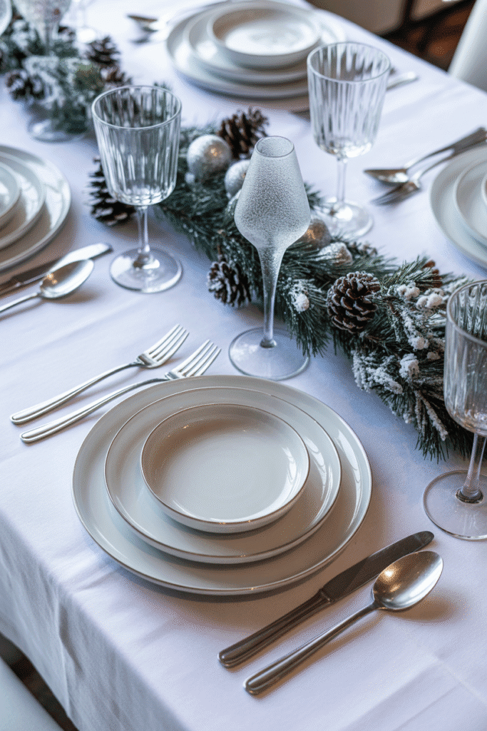 Elegant white Christmas dinner table setting with silver accents and snowy pinecones.