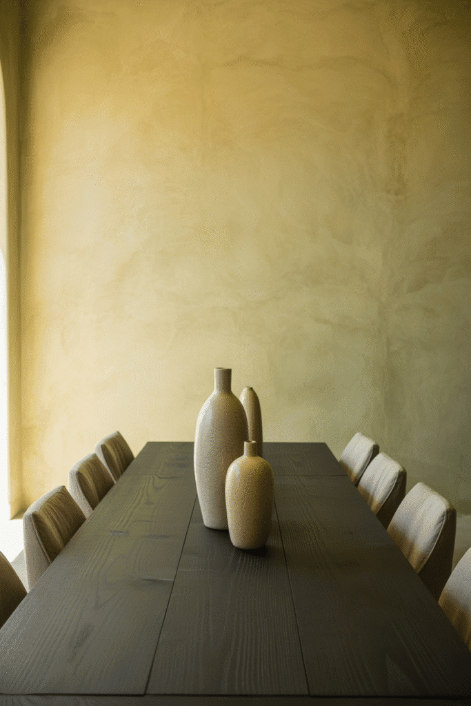 Dining room with limewash textured beige walls and natural wood table.