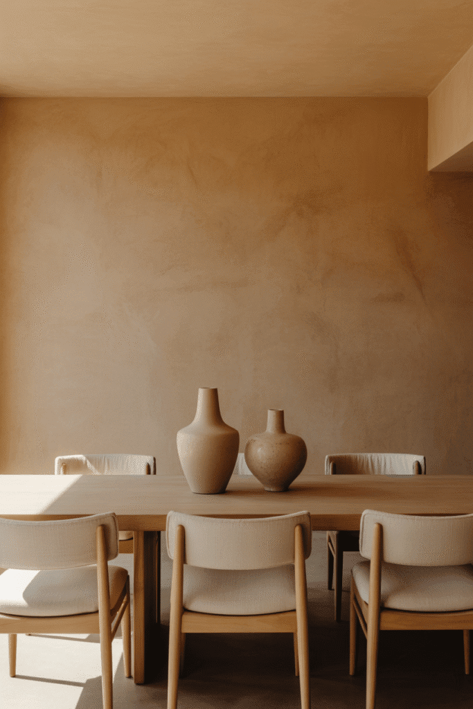 Dining room with limewash textured beige walls and natural wood table.