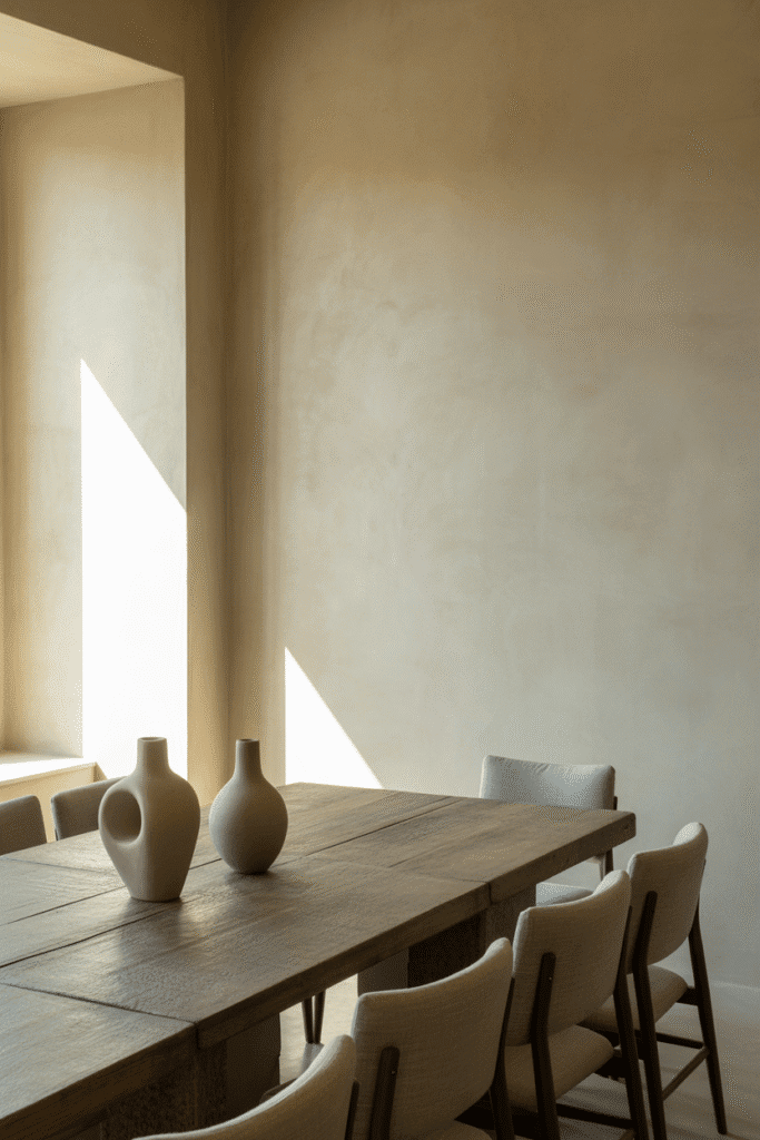 Dining room with limewash textured beige walls and natural wood table.