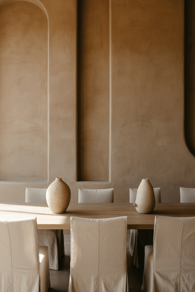 Dining room with limewash textured beige walls and natural wood table.