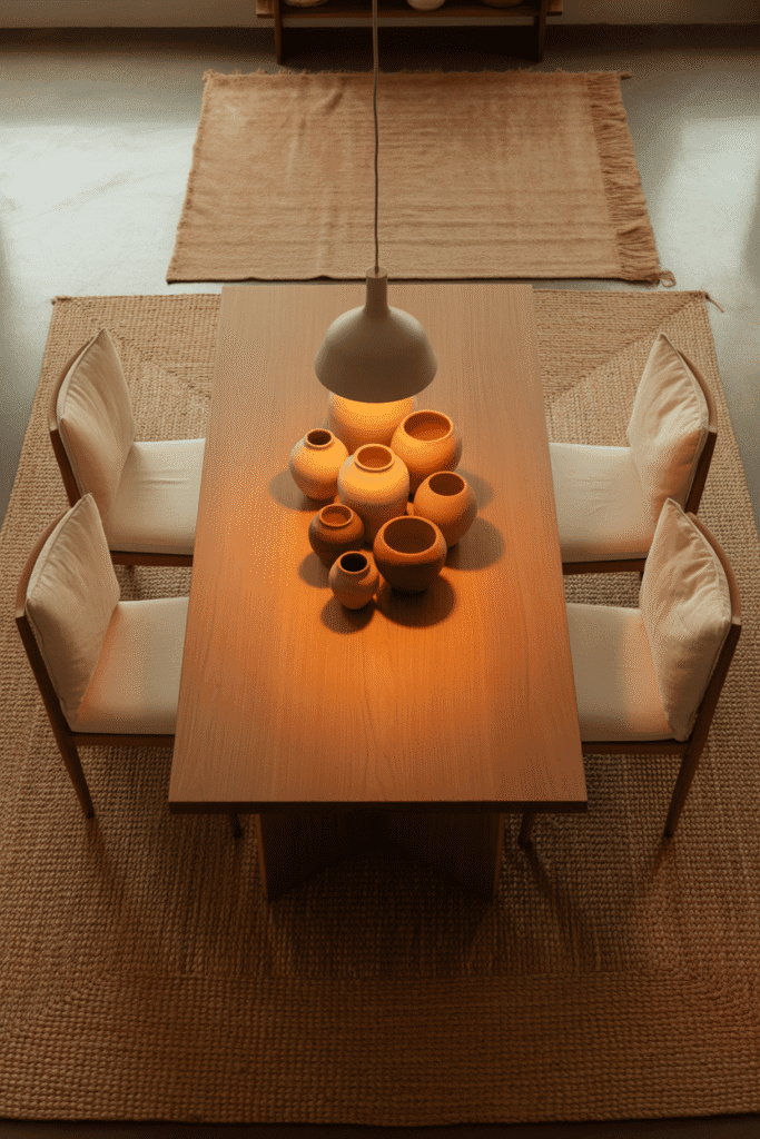 Organic modern dining room with jute and wool layered rugs under wood table.”