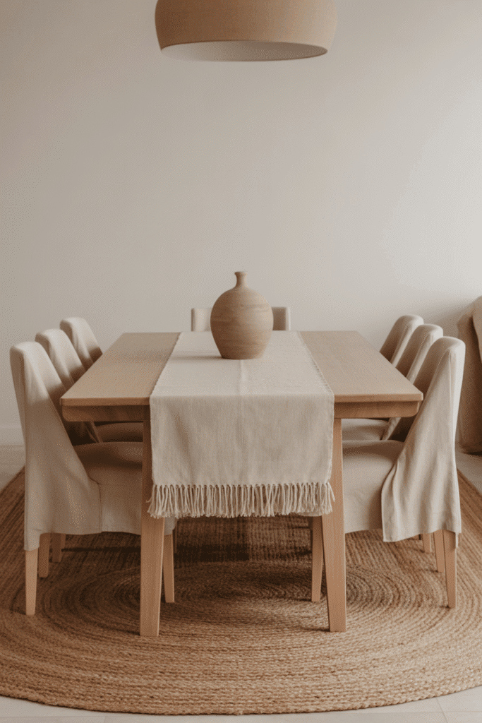 Organic modern dining room with jute and wool layered rugs under wood table.