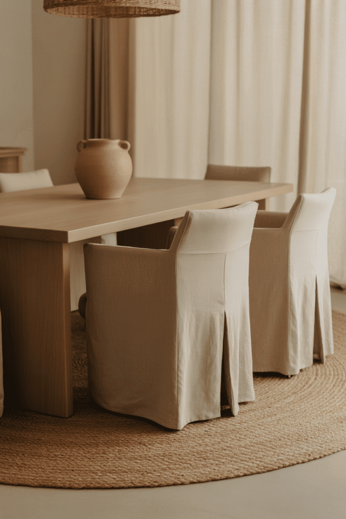 Organic modern dining room with jute and wool layered rugs under wood table.