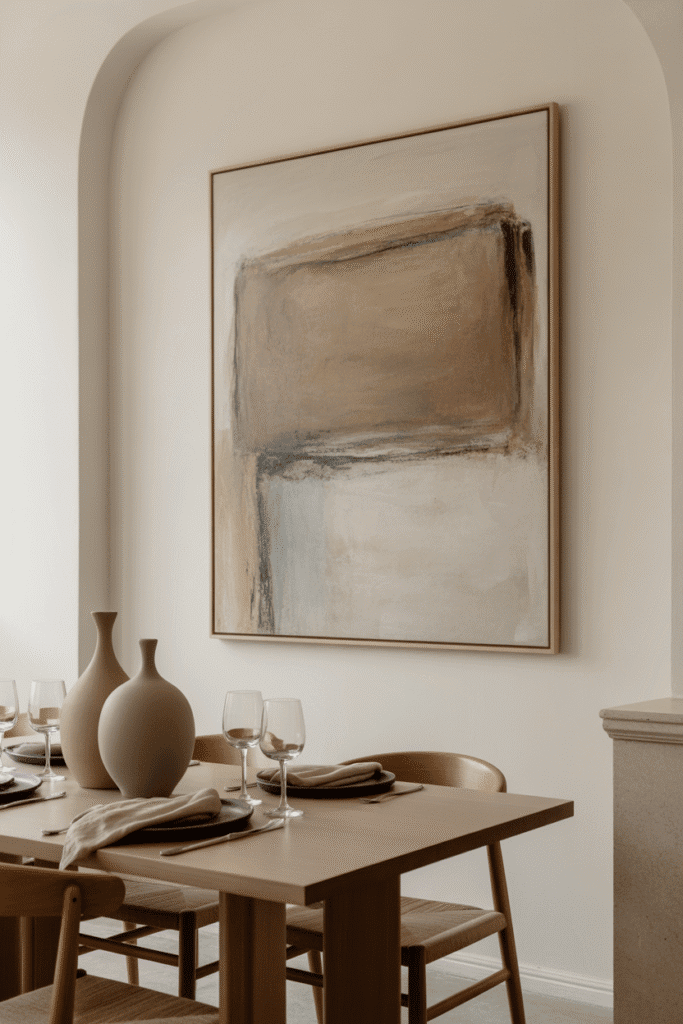 Minimalist dining room with large abstract earthy artwork and organic modern table.