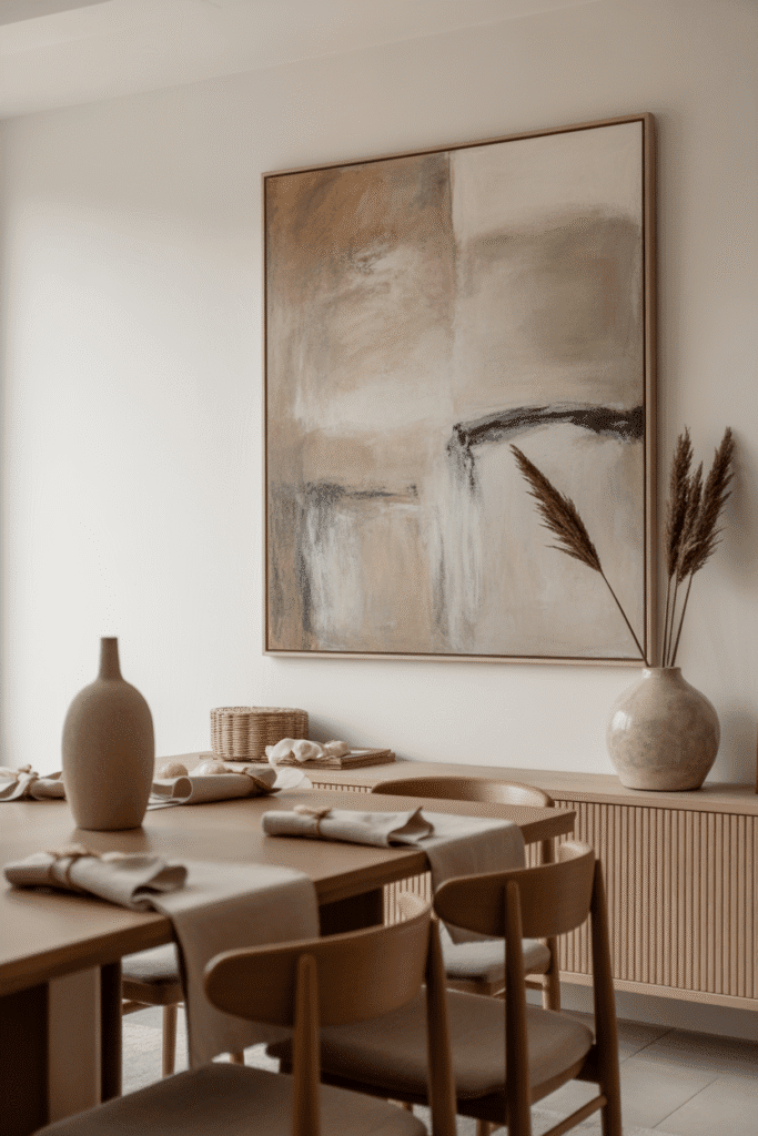 Minimalist dining room with large abstract earthy artwork and organic modern table.