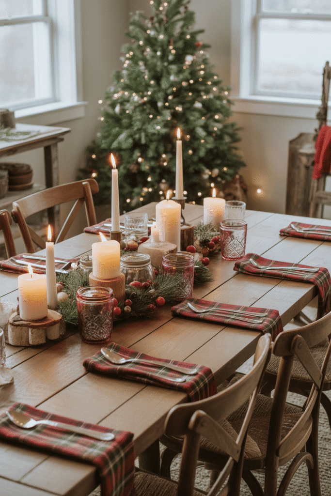 Rustic farmhouse Christmas dinner table with wood, plaid, and cozy candle decor.