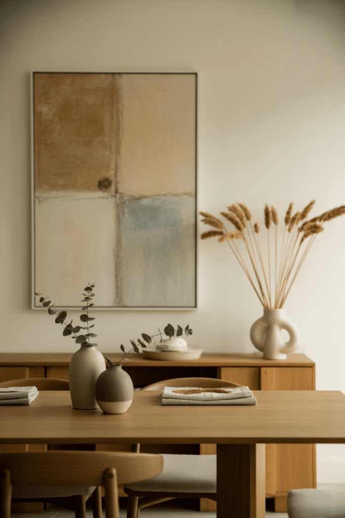 Minimalist dining room with large abstract earthy artwork and organic modern table.