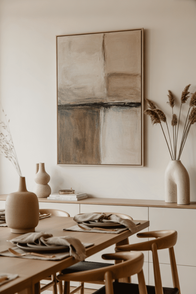 Minimalist dining room with large abstract earthy artwork and organic modern table.