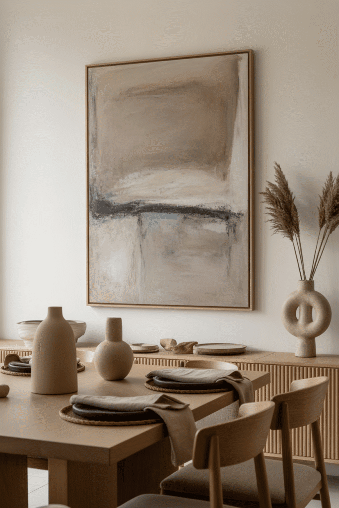 Minimalist dining room with large abstract earthy artwork and organic modern table.