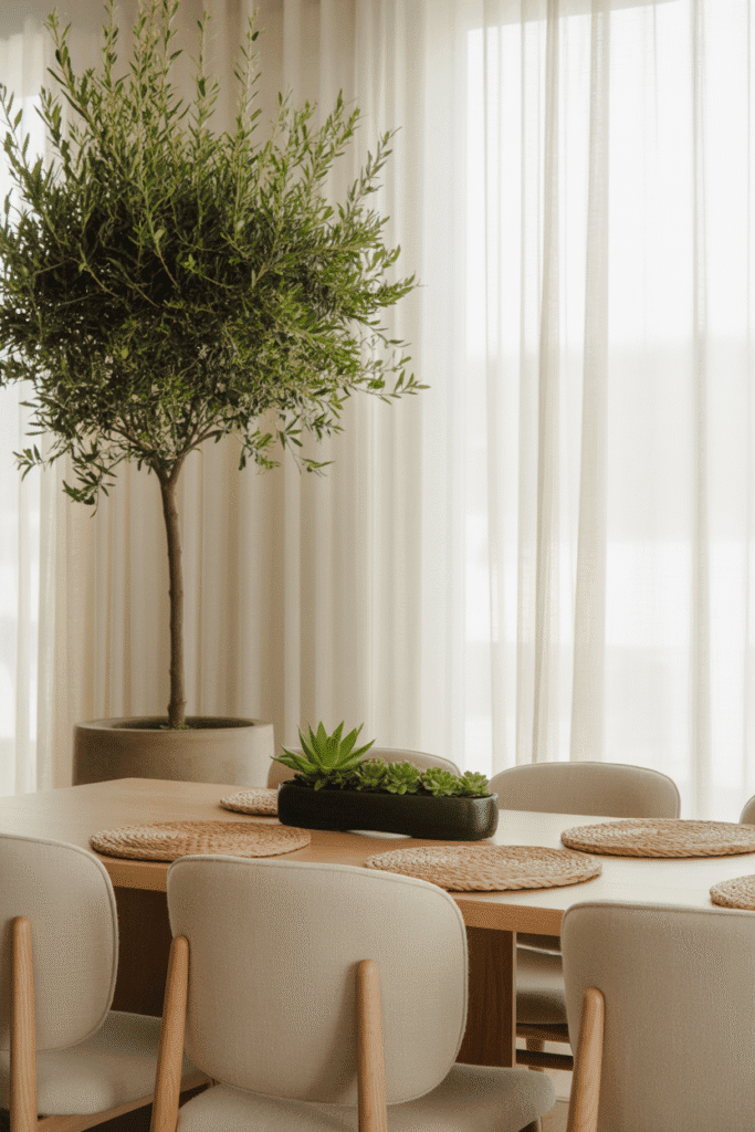 Dining room with olive tree in clay planter and neutral organic modern décor.