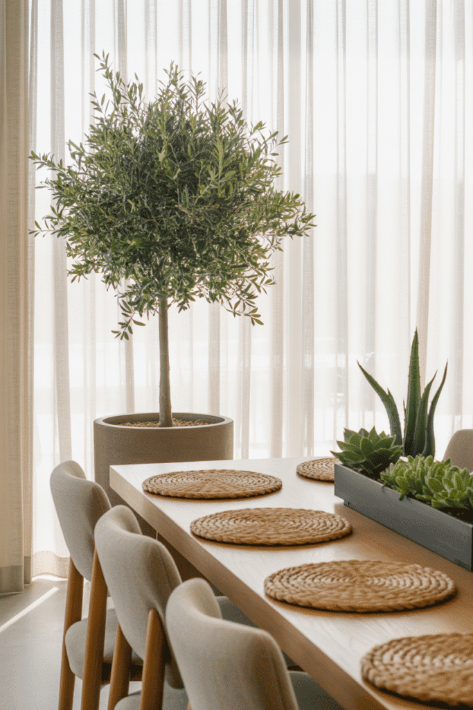 Dining room with olive tree in clay planter and neutral organic modern décor.