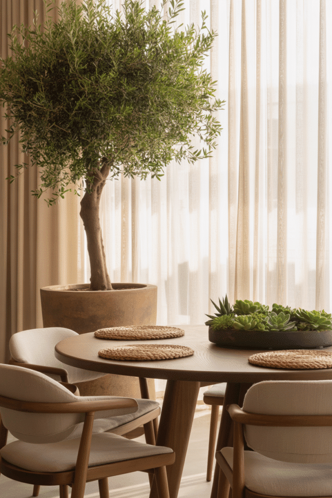 Dining room with olive tree in clay planter and neutral organic modern décor.